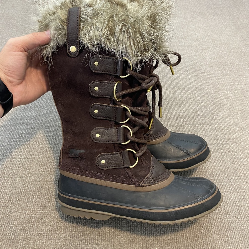Sorel Snow Boots Womens Size 8 Brown Suede Faux Fur Lined Lace Up NL2429-908